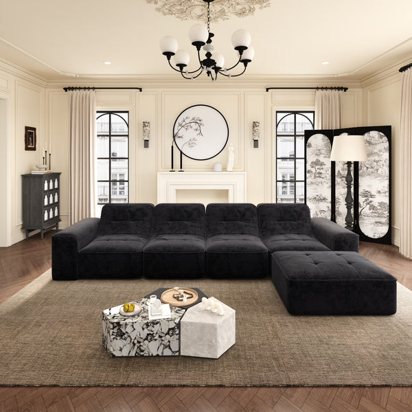 144" Oversized Modular Sectional Sofa, Deep Seat Chenille Cloud Couch with Chaise, L - Shaped Sparkling 5 Seat Sofa Couch for Living Room, Black