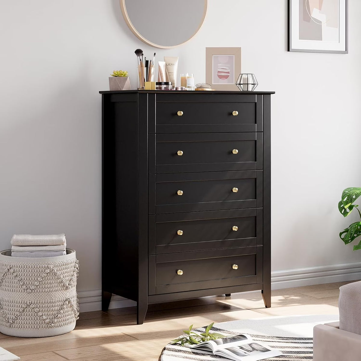 Homhougo Dresser for Bedroom Black with 5 Drawers, Tall Wood Organizer Storage Cabinet with Round Handle, Drawer Dresser for Closet, Living Room